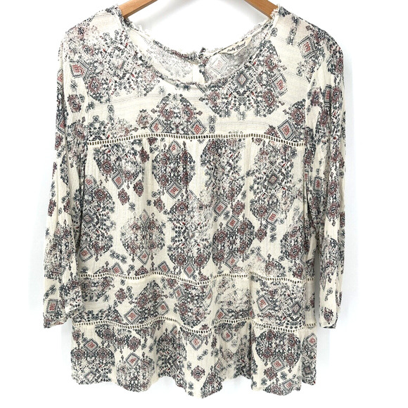 Lucky Brand Blouse Womens Large Button Up Back Raw Neck Hem Crochet Detail Boho - Picture 1 of 9